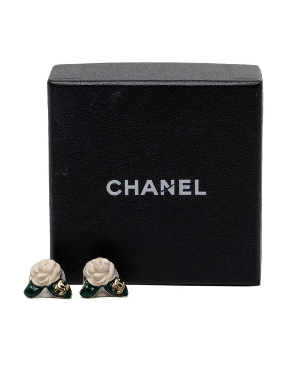 Chanel CC Logo Camellia Earrings Gold White Green Plated